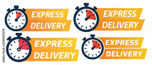 Express delivery badge with stopwatch icon for fast shipping promotion, logistics marketing graphic for online retail and courier services