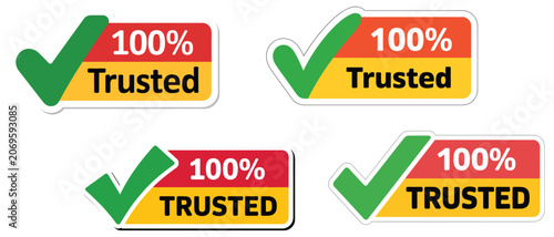 100 percent trusted checkmark badge for quality guarantee, business credibility seal for product authenticity and customer confidence