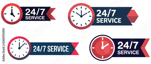 24 hour service clock badge for round the clock availability, business support label for customer trust and service marketing