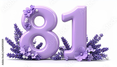 Purple flowers decorate the number eighty-one in a floral arrangement