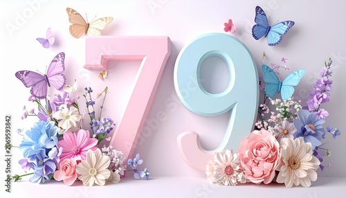 Vibrant flowers and butterflies surround the number seventy-nine in pastel hues on a white surface.