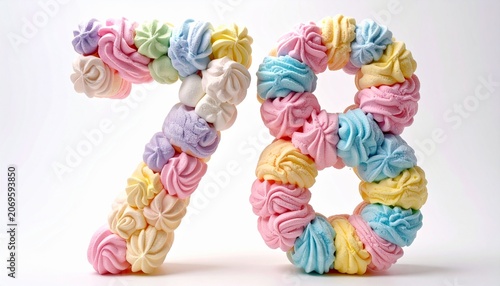Colorful meringue numbers decorated with frosting on a white surface indoors