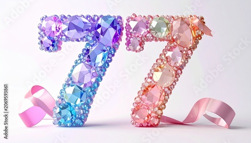 A close-up shot of two large gemstone numbers, one blue and one pink, standing upright on a white surface with pink ribbons.
