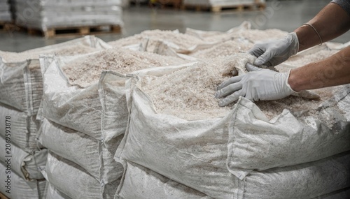Closeup medium shot of tote bags filled with raw nutrient salts carefully stacked and inspected on the factory floor prior to blending and packaging.