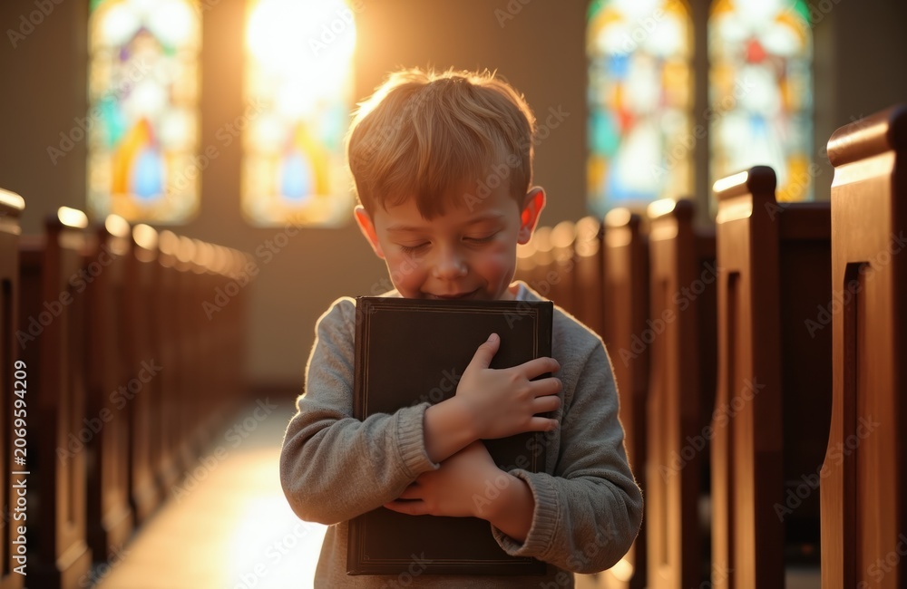 Obraz premium Young boy hugs bible in church pew aisle. Sunlight streams through stained glass windows. Child clutches holy book with closed eyes in prayer or reflection, feeling faith.