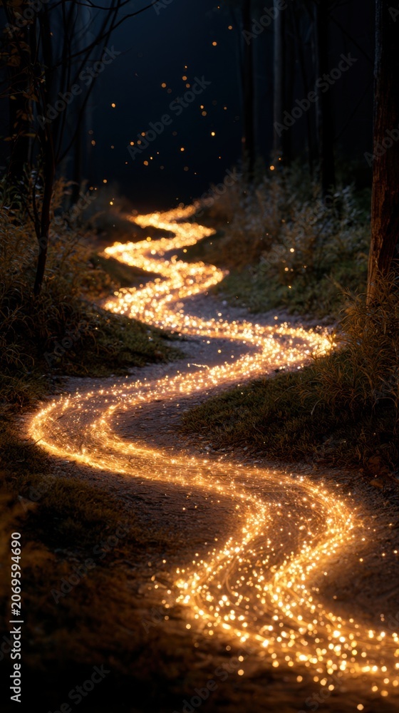 Obraz premium Magical glowing winding trail illuminating a dark forest path with sparkling golden lights creating an enchanting and mystical nighttime atmosphere