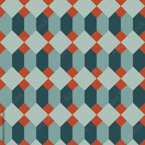 Seamless pattern created from teal and dark teal irregular hexagons and orange diamonds on a pale teal background