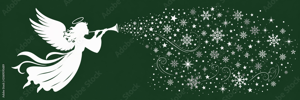 Naklejka premium Silhouette of an angel with trumpet blowing snowflakes and stars