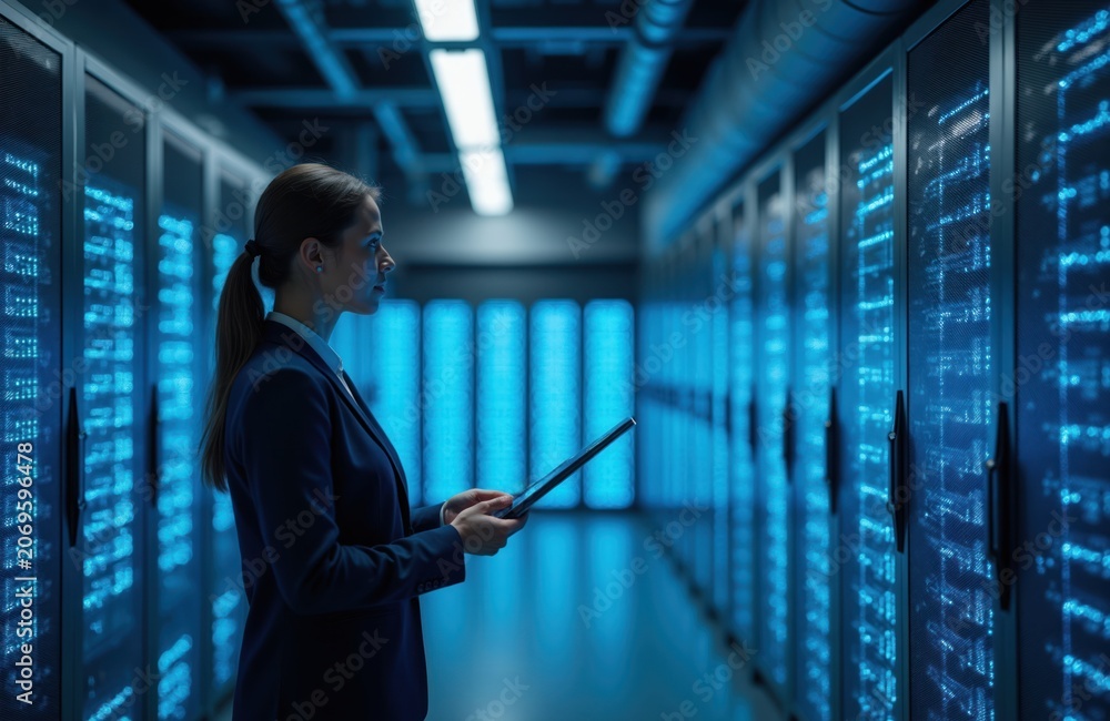 Fototapeta premium Woman in suit works on tablet in modern server room with rows of glowing blue computers. IT pro checks data center equipment. Future tech facility, digital information storage.