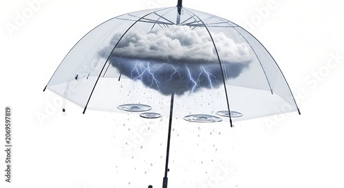 A clear umbrella protects from a stormy weather with lightning and heavy rain under a dark cloud.