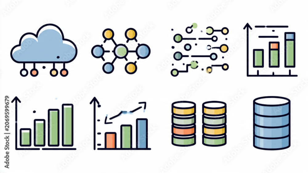 Fototapeta premium Collection of digital graphs and data icons showing growth analysis charts and database symbols in bright colors