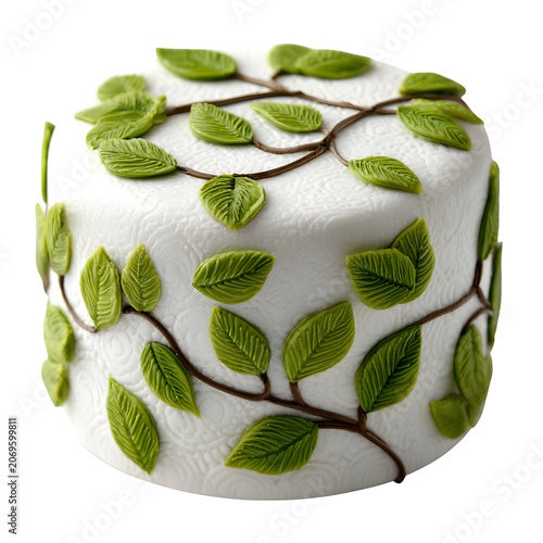 Elegant white wedding cake decorated with handcrafted green fondant leaves and intricate textured vines isolated on a clean white background for celebration