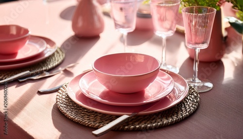 Close Up Of A Simple Pink Place Setting On A Table In Sunlight