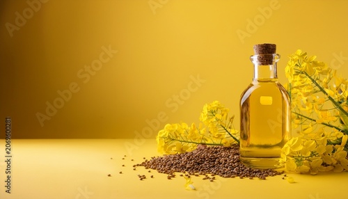 Golden Canola Oil In Glass Bottle With Seeds And Blossoms Vibrant Yellow Background Healthy Product Photography