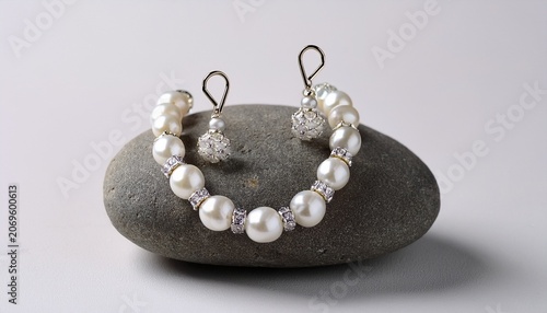 Beautiful Pearl Earring And Necklace On Stone On Light Background Vertical Photo