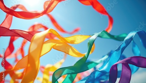 Colorful ribbons flutter like a rainbow against clear blue sky. Silk streamers wave in wind. Gay pride colors celebrate freedom joy, equality pride. Movement, celebration, festive, happy, bright.