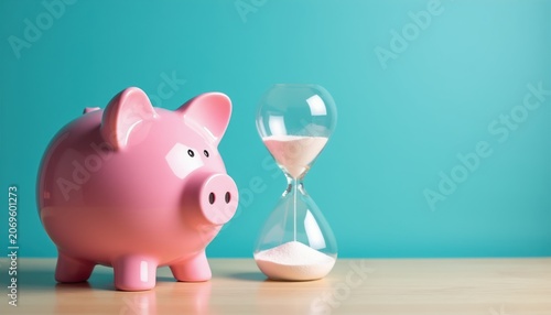 Pink piggy bank sits next to hourglass on desk. Time passes for savings and investments. Concept of planning for future finance goals and retirement funds.