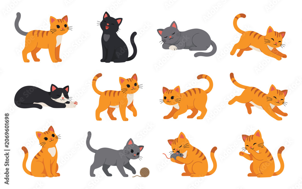 Fototapeta premium Cute Cartoon Cat Collection Various Poses and Colors, Adorable Feline Character Set for Sticker Design, Kids Illustration and Pet Theme Graphics