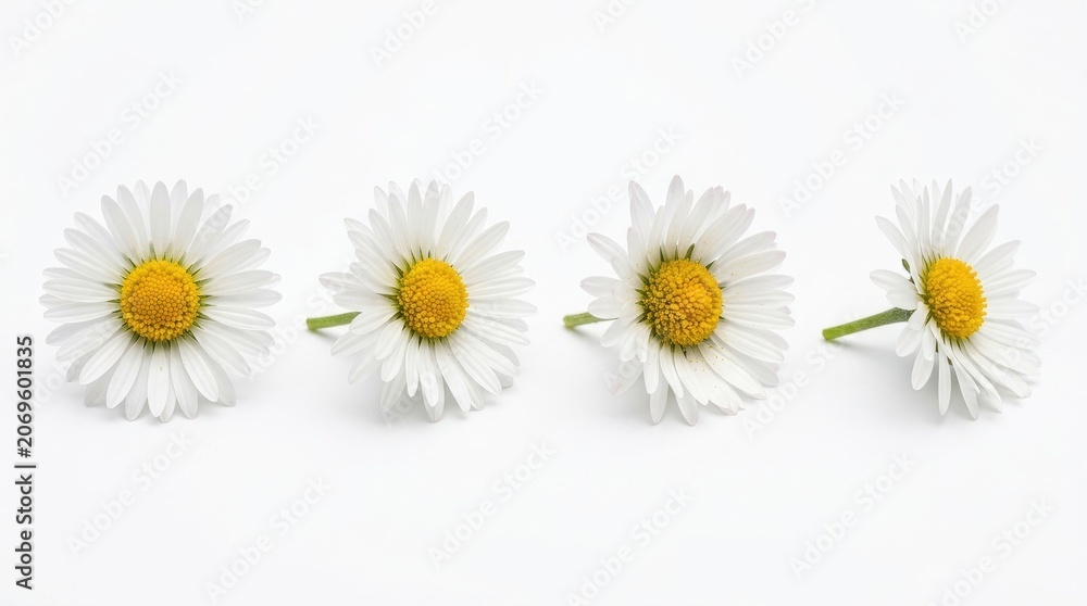 Obraz premium A collection of four delicate white daisy flowers with bright yellow centers, arranged in a row, isolated on white background