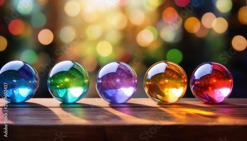Rainbow Light Reflection On Transparent Glass Spheres On Wooden Surface With Soft Bokeh Background