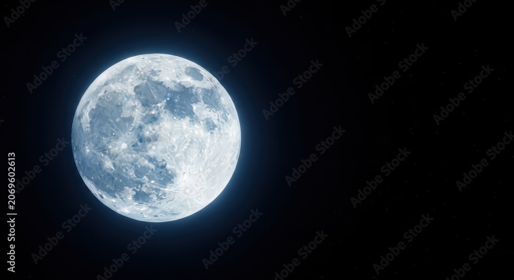 Fototapeta premium The brightly illuminated full moon reflects powerful solar rays onto the deep black void of outer space, showcasing craters and the lunar surface texture, exploration, round, ethereal