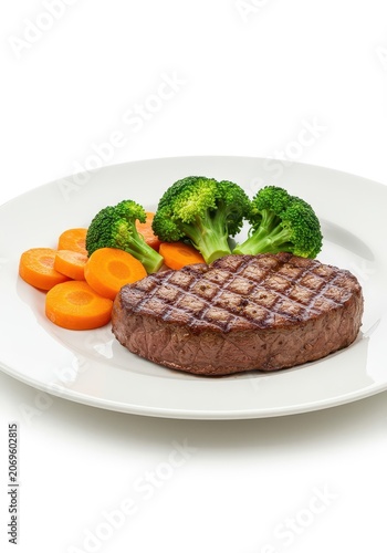 Perfectly grilled beefsteak served with vibrant green broccoli florets and bright orange sliced carrots, isolated on a clean white background, closeup, prepared, lunch
