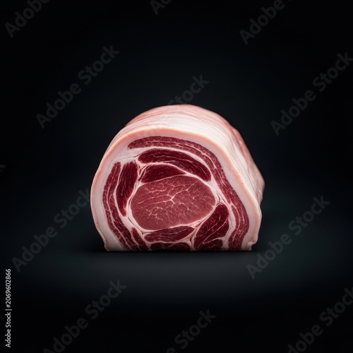 Premium raw Iberian pork loin displayed dramatically against a deep black background, highlighting the rich marbling and texture of the quality meat cut, texture, roast, dark