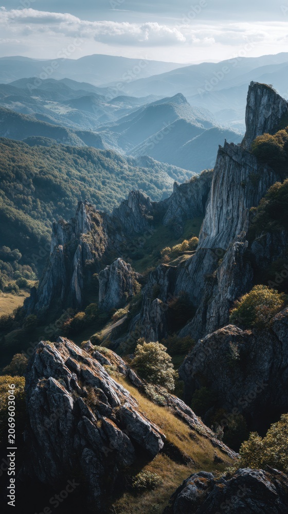Obraz premium Dramatic rugged rock formations cascading through a lush mountainous forest landscape under soft sunlight with misty blue hills in the distant horizon on a cloudy da