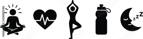 Tableau sur toile Black silhouettes of people practicing yoga and wellness icons