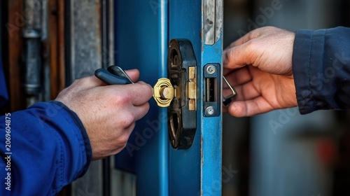 Close-up of hands working on a door's lock; one with tools, the other with a latch