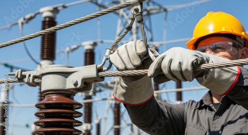 Electrician work with power line at electrical substation. Man engineer wears safety helmet and glove fixing transmission cable. Industrial energy technology and maintenance concept.