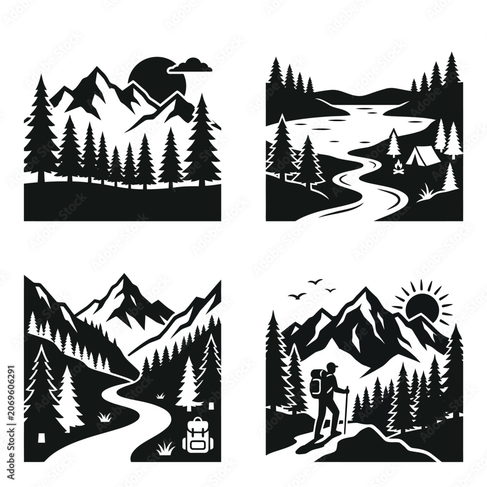 Obraz premium Hiker on mountain trail landscape scene.