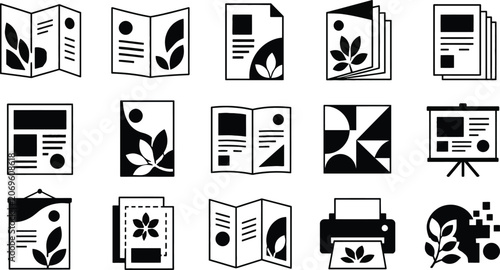 Minimalist brochure and flyer icons set, 15 black and white vector symbols for print marketing, corporate document and publication branding
