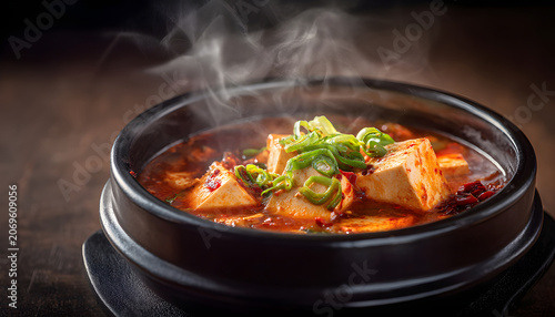 Steaming spicy tofu soup simmering in black bowl for Asian food and restaurant content