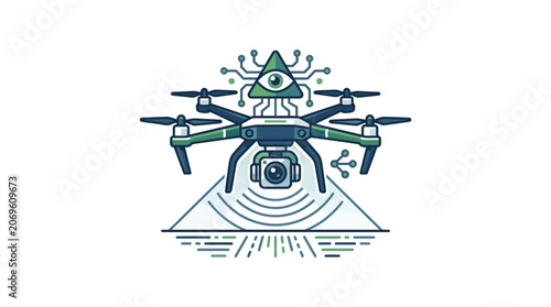 AI powered surveillance drone scanning terrain with visual sensors.