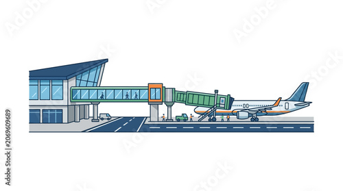 Airport terminal with passenger boarding bridge.