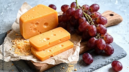 Cheese slices and red grapes on stone board.