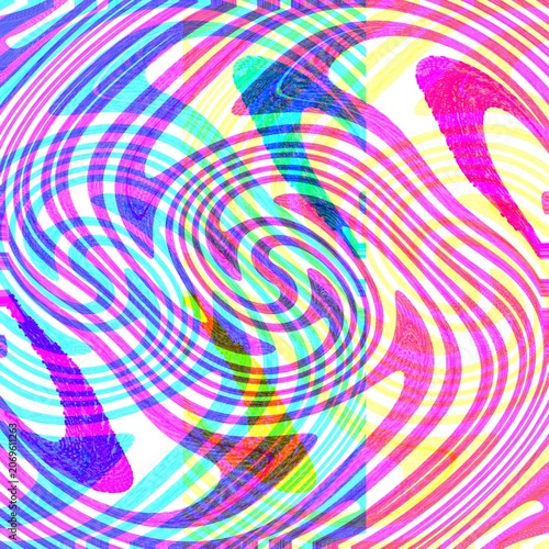 Abstract colorful neon swirling wave line background. Creative digital photo manipulation featuring vibrant pink, cyan, and yellow psychedelic spiral vortex for modern pop art and cyberpunk graphic de