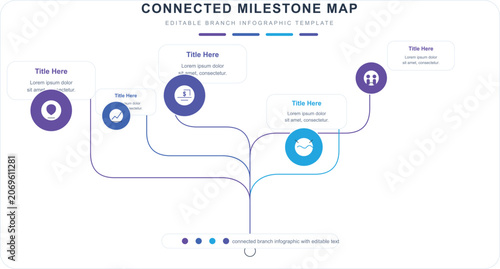 Connected Milestone Map Infographic, Editable Branch Template with 5 Steps, Modern Business Roadmap Vector for Corporate Presentations