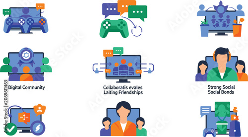 Bild auf Leinwand Online gaming community and digital friendship vector icon set for multiplayer e
