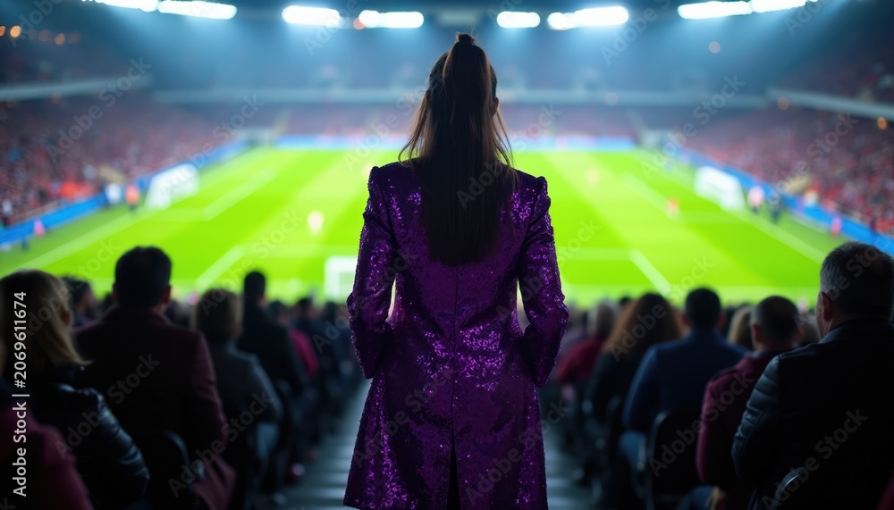 Naklejka premium Woman in sparkling purple coat watches soccer game from stadium seats. Spectator enjoys football match, surrounded by crowd. Bright field lights illuminate green pitch for play.
