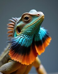 Male fan-throated lizard displays bright colorful dewlap during mating season. Reptile shows off neck frill with orange blue black patterns. Wild animal head close up.