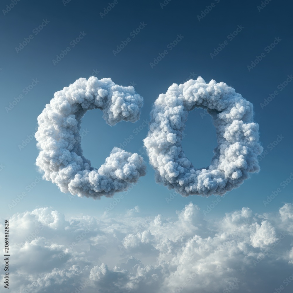 Naklejka premium Creative depiction of carbon dioxide letters formed by fluffy white clouds floating above a bright blue sky with additional clouds below in a serene atmosphere