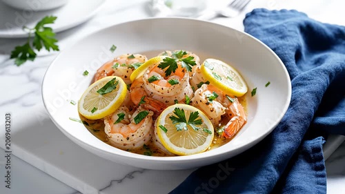 Fresh shrimp salad with lemon slices and green parsley.