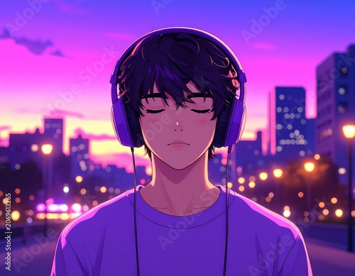 Anime style young man wearing headphones, eyes closed, listening to music, purple sunset city cityscape, LOFI, urban evening aesthetic.