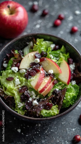 Fresh green leafy salad bowl topped with crisp apple slices, dried cranberries, and crumbled white cheese on a dark textured surface with a whole red apple nearby