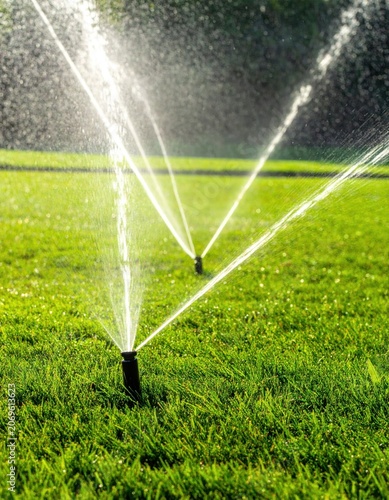 Automatic lawn sprinklers spraying water over a green grass field on a sunny day. Irrigation system watering residential garden turf with jets of water spray.