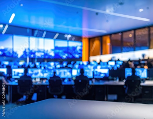 Modern control room interior with staff working at computer stations. Multiple glowing monitors, large wall display, blue lighting, corporate office environment.