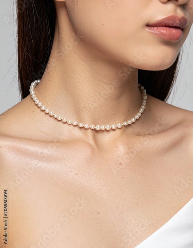 Close-up of a woman wearing a classic white pearl choker necklace, studio lighting on skin, elegant jewelry, minimalist accessories, fashion retail.