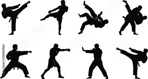 Konstfotografi Black silhouettes set of martial arts fighters practicing karate kicks boxing pu